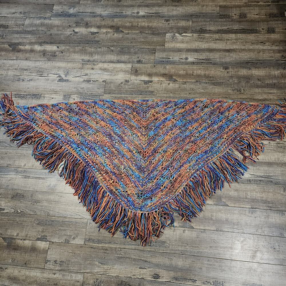 Vintage handmade crocheted Shawl colorful womens 2380